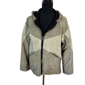 Womens Tan Jacket Zip Up Large Weave Yellow Brown Black Lining Hood Work Wear